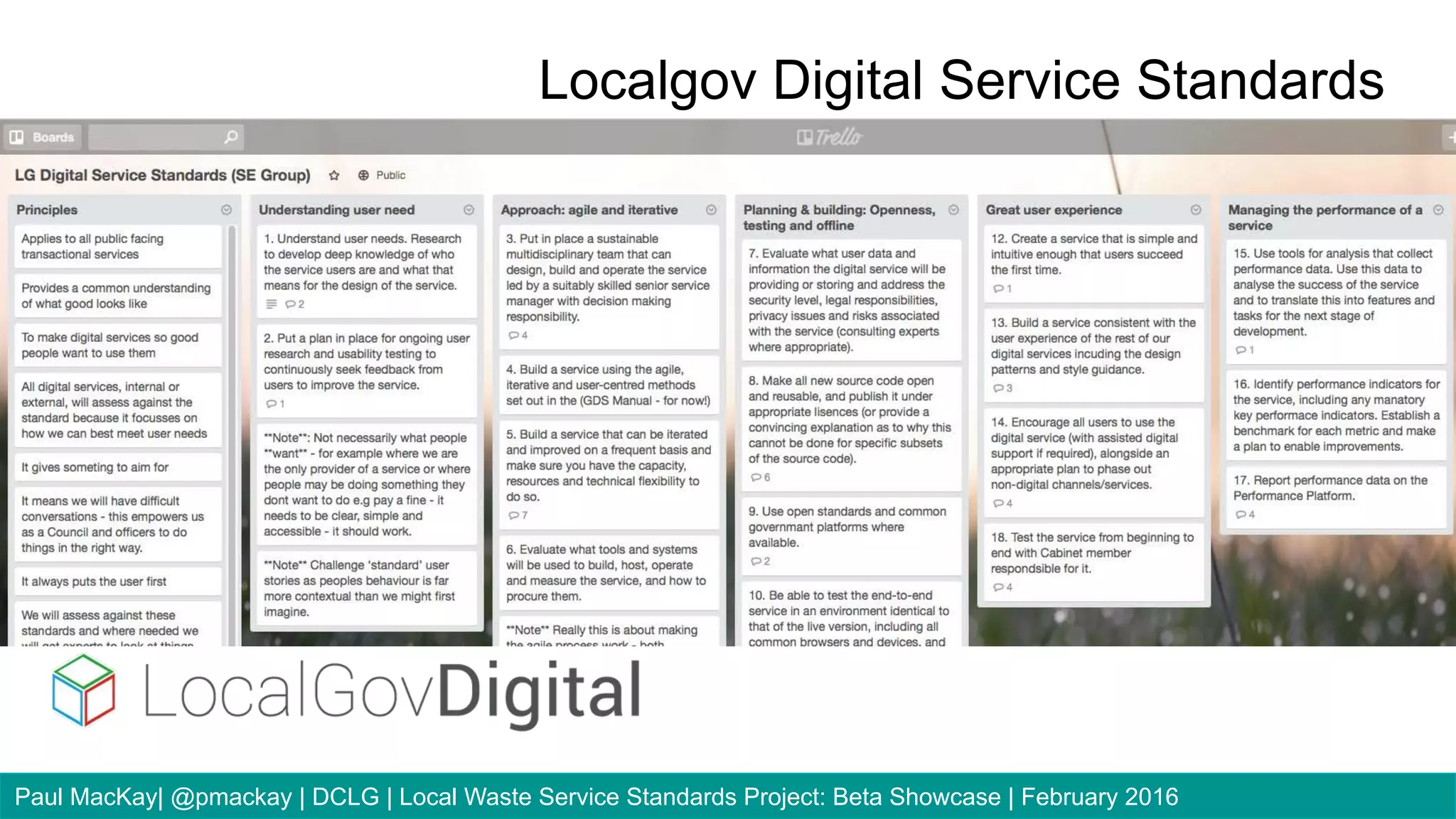 Localgov Digital Service Standards
Paul MacKay| @pmackay | DCLG | Local Waste Service Standards Project: Beta Showcase | February 2016
 