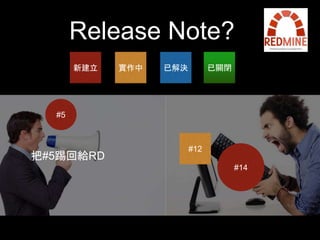 Release Note? 
新建⽴立實作中已解決已關閉 
#12 
#14 
#5 
把#5踢回給RD 
 
