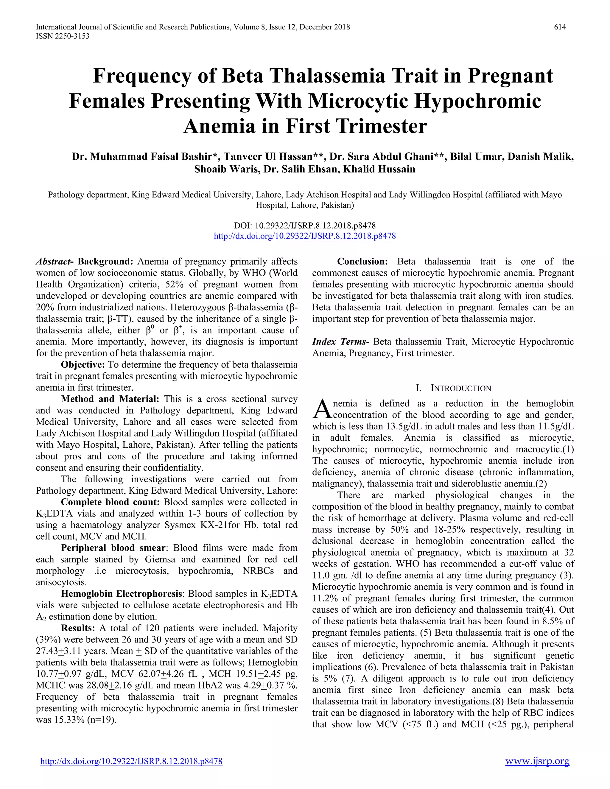 Frequency of Beta Thalassemia Trait in Pregnant Females Presenting With ...