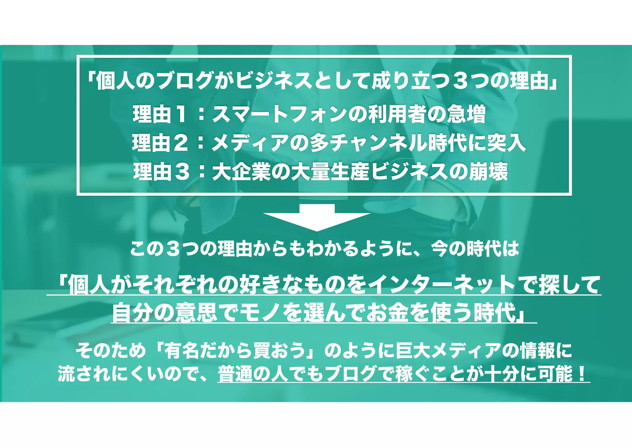 理由２：メディアの多チャンネル時代に突入
理由３：大企業の大量生産ビジネスの崩壊
理由１：スマートフォンの利用者の急増
「個人のブログがビジネスとして成り立つ３つの理由」
この３つの理由からもわかるように、今の時代は
「個人がそれぞれの好きなものをインターネットで探して
自分の意思でモノを選んでお金を使う時代」
そのため「有名だから買おう」のように巨大メディアの情報に
流されにくいので、普通の人でもブログで稼ぐことが十分に可能！
 