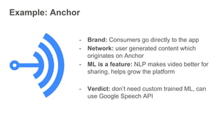 Example: Anchor
- Brand: Consumers go directly to the app
- Network: user generated content which
originates on Anchor
- ML is a feature: NLP makes video better for
sharing, helps grow the platform
- Verdict: don’t need custom trained ML, can
use Google Speech API
 