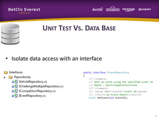 UNIT TEST VS. DATA BASE

• Isolate data access with an interface

11

 