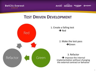 TEST DRIVEN DEVELOPMENT
1. Create a falling test
 Red

2. Make the test pass
Green

3. Refactor
 Improve the internal

implementation without changing
the external contract or behavior
7

 
