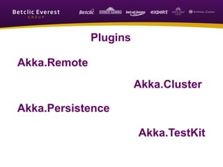 Plugins
Akka.Remote
Akka.Cluster
Akka.Persistence
Akka.TestKit
 