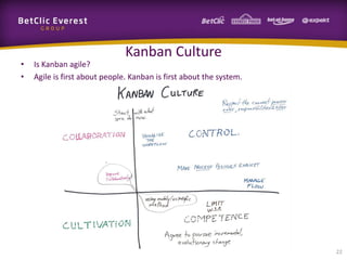 Kanban Culture
•   Is Kanban agile?
•   Agile is first about people. Kanban is first about the system.




                                                                     22
 