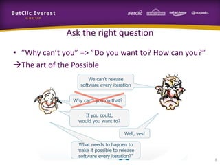 Ask the right question
• ”Why can’t you” => ”Do you want to? How can you?”
The art of the Possible




                                                      8
 