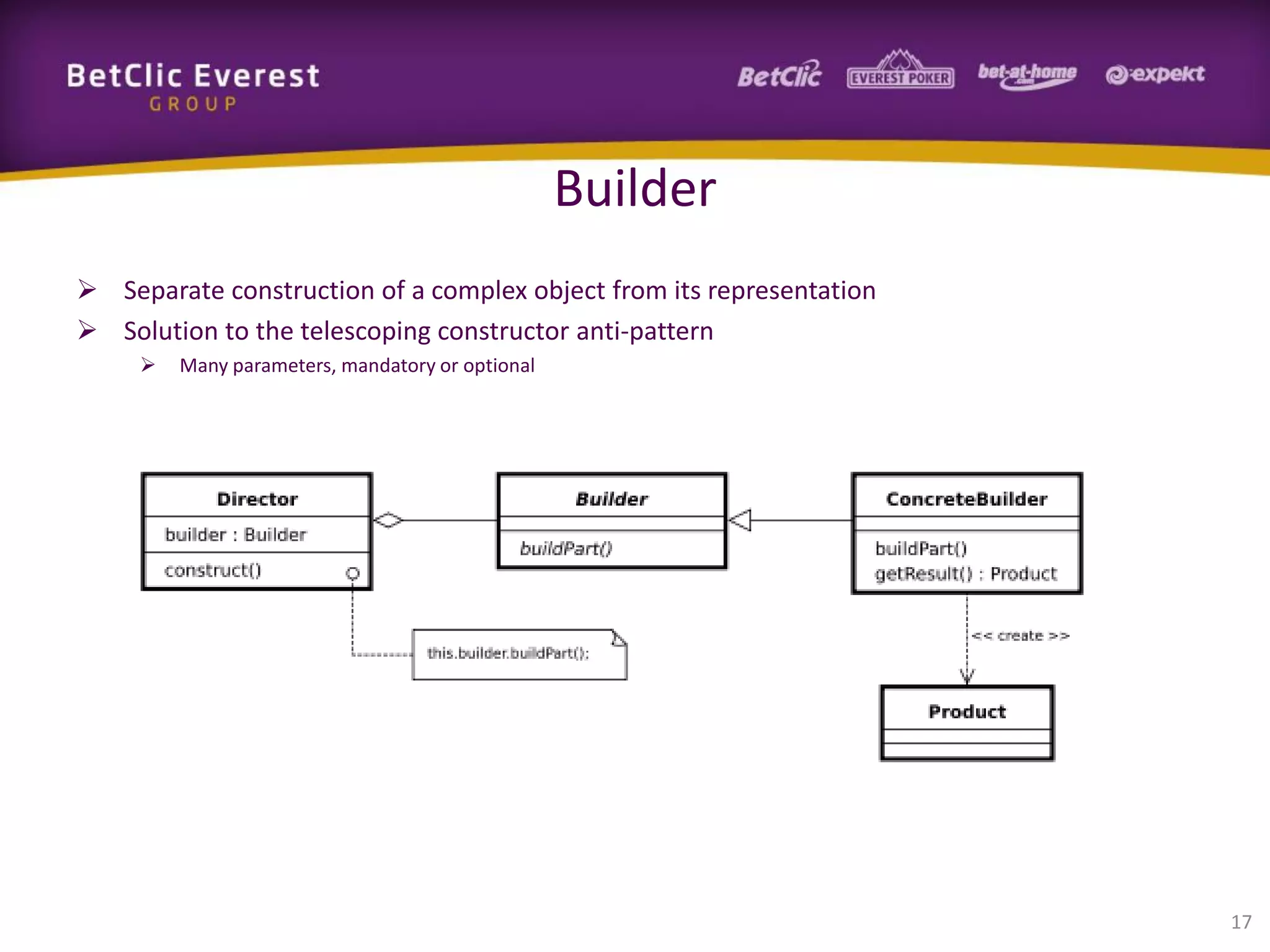 Builder
 Separate construction of a complex object from its representation
 Solution to the telescoping constructor anti-pattern


Many parameters, mandatory or optional

17

 