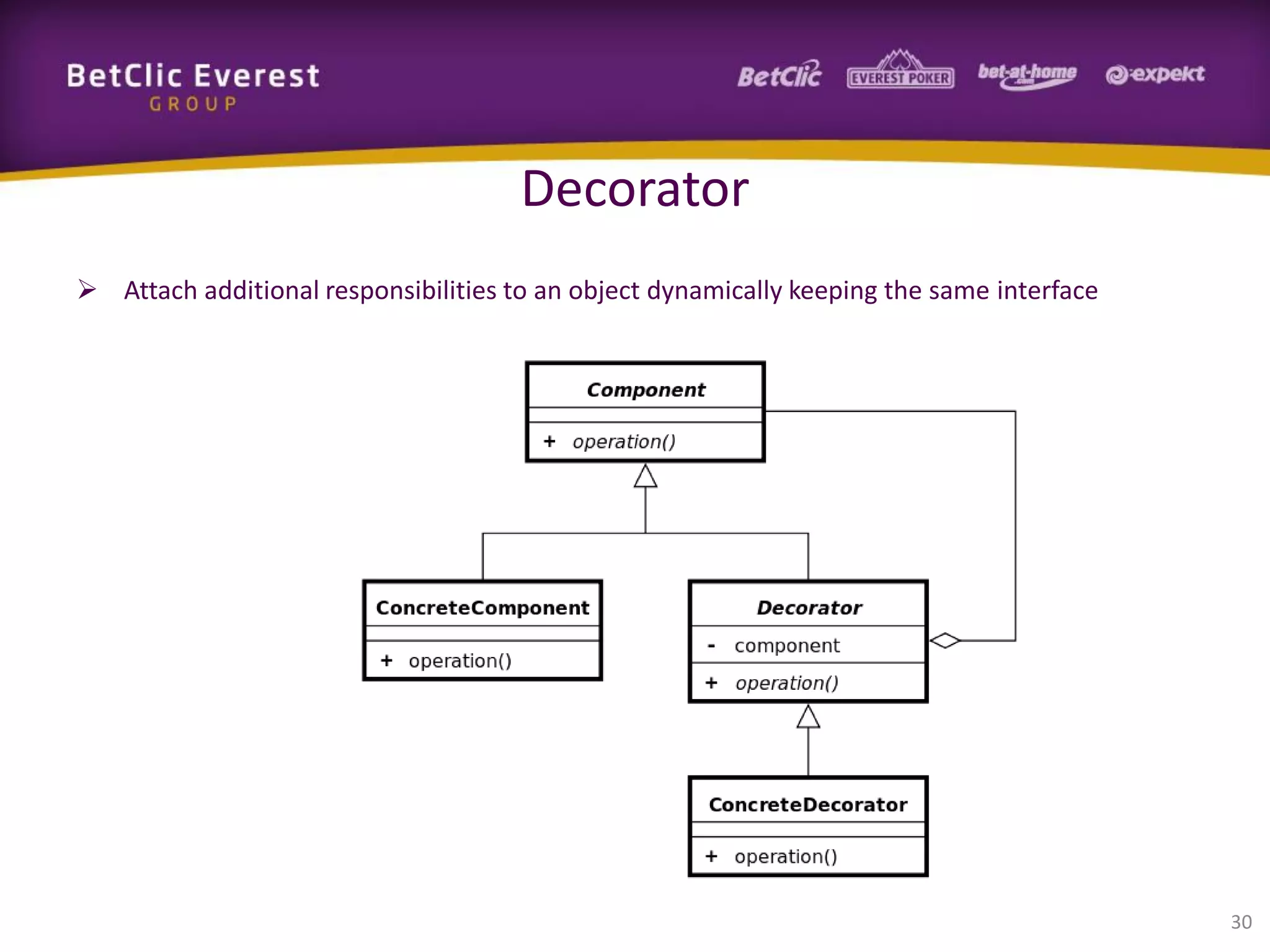 Decorator
 Attach additional responsibilities to an object dynamically keeping the same interface

30

 