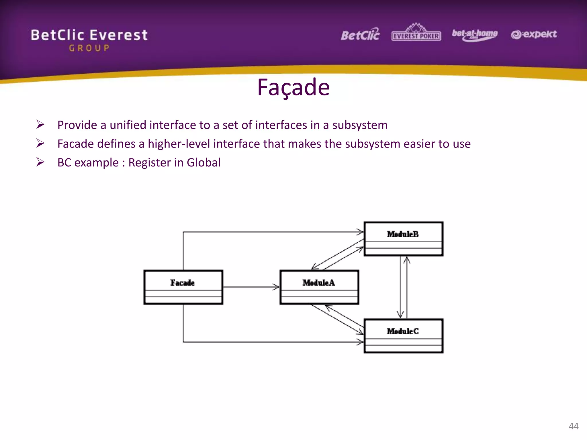 Façade
 Provide a unified interface to a set of interfaces in a subsystem
 Facade defines a higher-level interface that makes the subsystem easier to use
 BC example : Register in Global

44

 