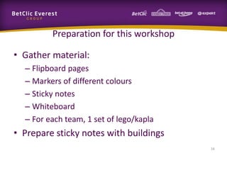 Preparation for this workshop
• Gather material:
– Flipboard pages
– Markers of different colours
– Sticky notes
– Whiteboard
– For each team, 1 set of lego/kapla
• Prepare sticky notes with buildings
16
 
