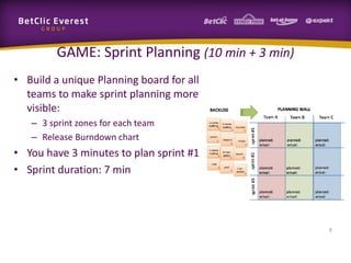 GAME: Sprint Planning (10 min + 3 min)
• Build a unique Planning board for all
teams to make sprint planning more
visible:
– 3 sprint zones for each team
– Release Burndown chart
• You have 3 minutes to plan sprint #1
• Sprint duration: 7 min
9
 
