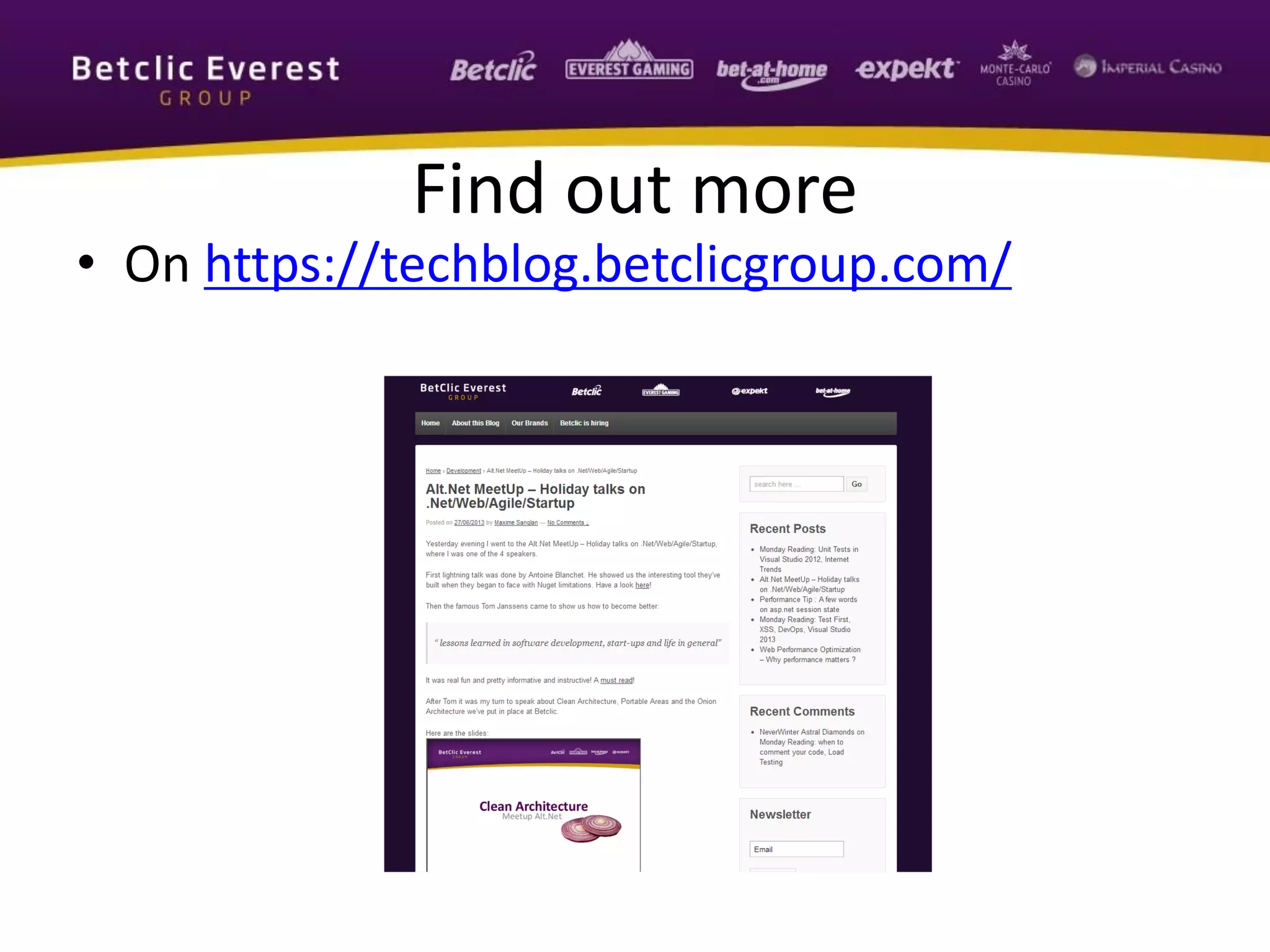 Find out more
• On https://techblog.betclicgroup.com/
 