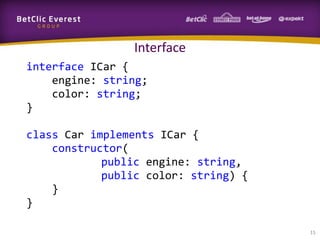 Interface
interface ICar {
engine: string;
color: string;
}
class Car implements ICar {
constructor(
public engine: string,
public color: string) {
}
}
15

 