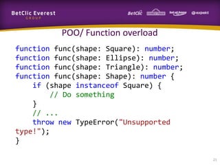POO/ Function overload
function func(shape: Square): number;
function func(shape: Ellipse): number;
function func(shape: Triangle): number;
function func(shape: Shape): number {
if (shape instanceof Square) {
// Do something
}
// ...
throw new TypeError("Unsupported
type!");
}
21

 