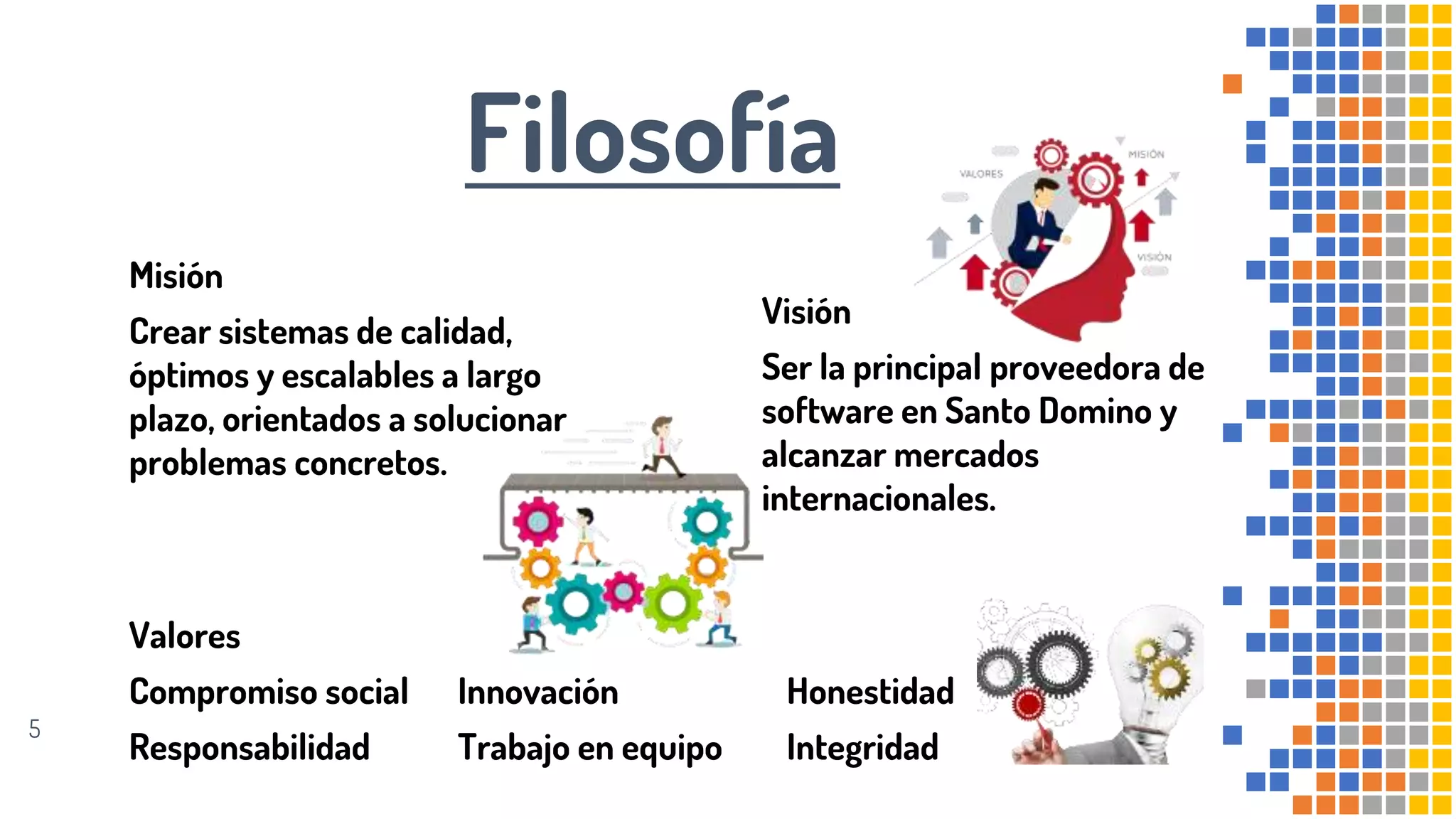 Misión
Crear sistemas de calidad,
óptimos y escalables a largo
plazo, orientados a solucionar
problemas concretos.
Filosofía
Visión
Ser la principal proveedora de
software en Santo Domino y
alcanzar mercados
internacionales.
5
Valores
Compromiso social
Responsabilidad
Innovación
Trabajo en equipo
Honestidad
Integridad
 