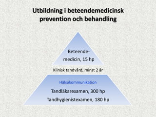 Utbildning i beteendemedicinsk
  prevention och behandling



            Beteende-
           medicin, 15 hp

      Klinisk tandvård, minst 2 år

         Hälsokommunikation

      Tandläkarexamen, 300 hp
    Tandhygienistexamen, 180 hp
 