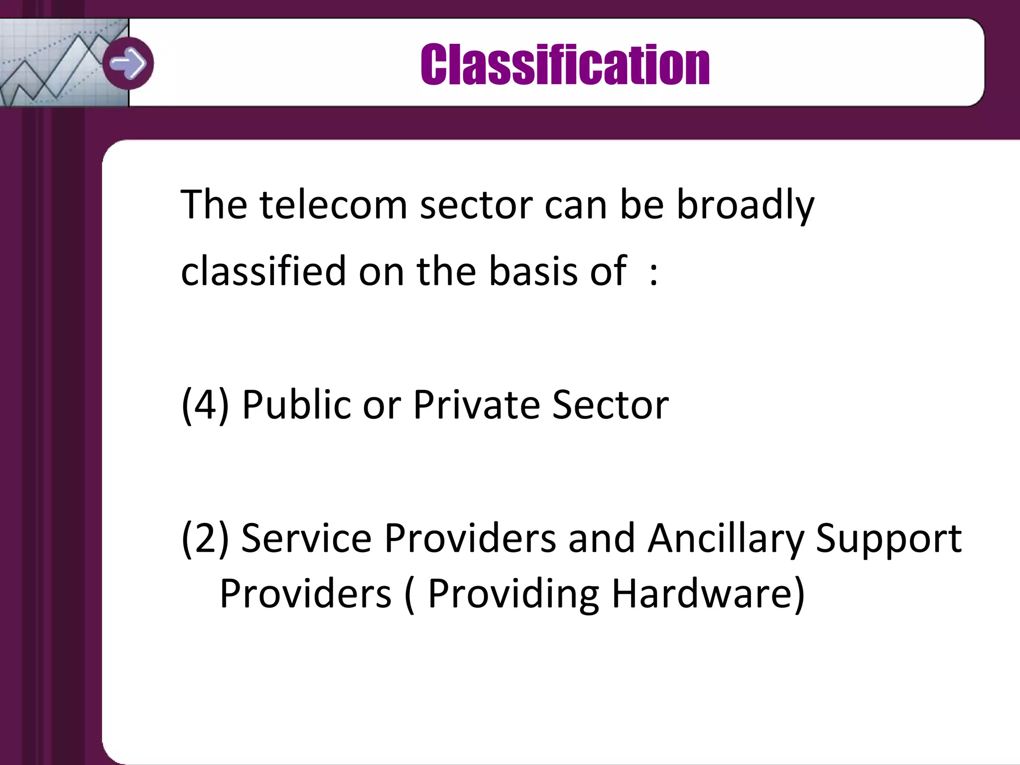 Classification The telecom sector can be broadly  classified on the basis of  : Public or Private Sector (2) Service Providers and Ancillary Support Providers ( Providing Hardware)  