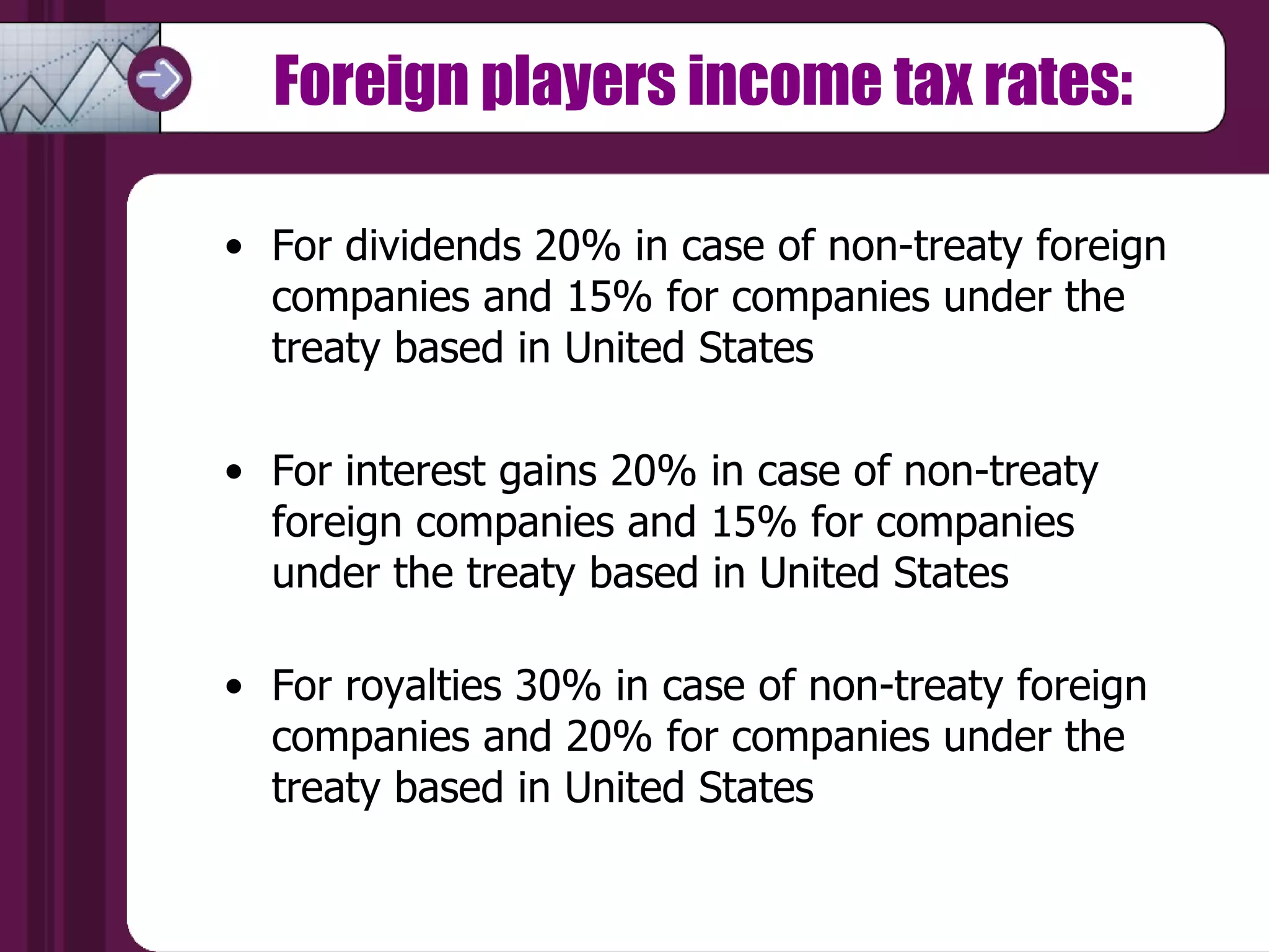 Foreign players income tax rates: For dividends 20% in case of non-treaty foreign companies and 15% for companies under the treaty based in United States  For interest gains 20% in case of non-treaty foreign companies and 15% for companies under the treaty based in United States  For royalties 30% in case of non-treaty foreign companies and 20% for companies under the treaty based in United States  