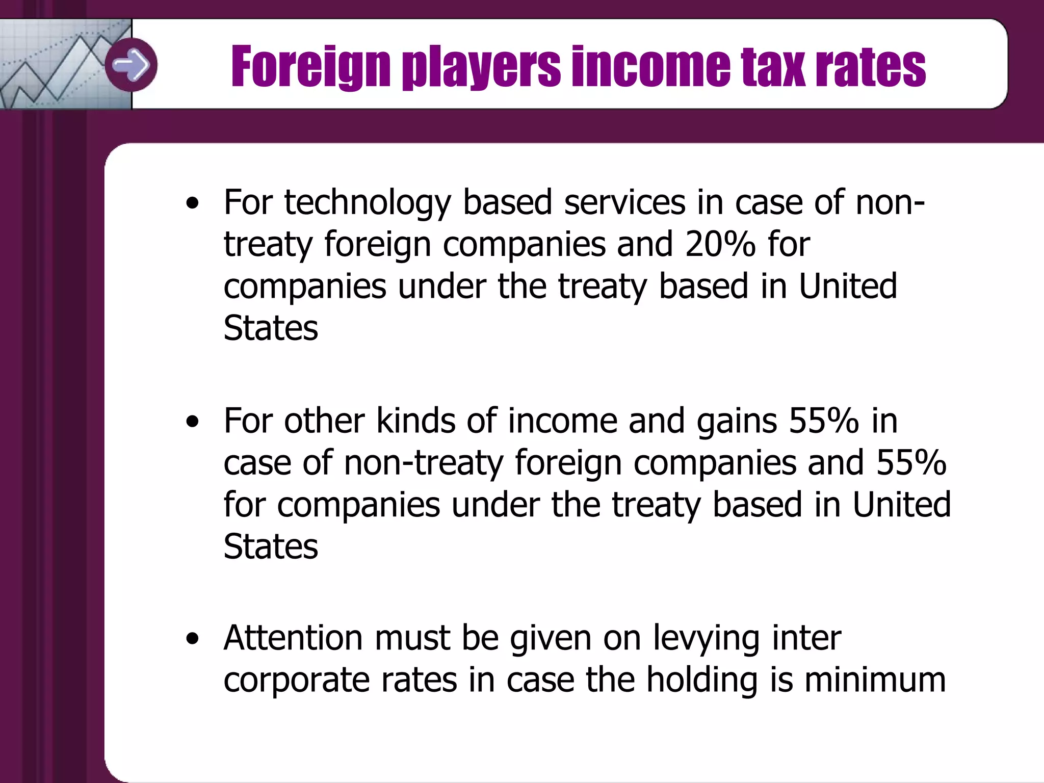 Foreign players income tax rates For technology based services in case of non-treaty foreign companies and 20% for companies under the treaty based in United States  For other kinds of income and gains 55% in case of non-treaty foreign companies and 55% for companies under the treaty based in United States  Attention must be given on levying inter corporate rates in case the holding is minimum  