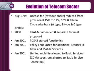 Aug 1999 License fee (revenue share) reduced from  provisional 15% to 12%, 10% & 8% on  Circle wise basis (A type, B type & C type  circles) 2000 TRAI Act amended & separate tribunal  proposed Jan 2001 TDSAT started functioning Jan 2001 Policy announced for additional licenses in  Basic and Mobile Services Jan 2001 Limited mobility allowed to Basic Services  (CDMA spectrum allotted to Basic Service   Operators) Evolution of Telecom Sector 