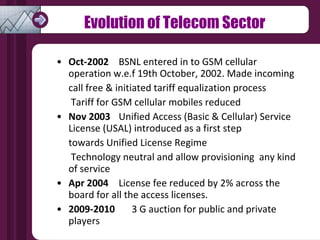 Oct-2002 BSNL entered in to GSM cellular operation w.e.f 19th October, 2002. Made incoming  call free & initiated tariff equalization process Tariff for GSM cellular mobiles reduced Nov 2003 Unified Access (Basic & Cellular) Service License (USAL) introduced as a first step towards Unified License Regime Technology neutral and allow provisioning  any kind of service Apr 2004 License fee reduced by 2% across the board for all the access licenses. 2009-2010   3 G auction for public and private players Evolution of Telecom Sector 