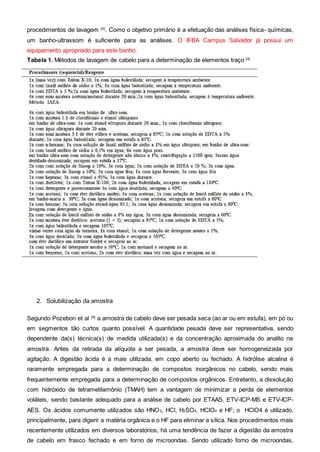 procedimentos de lavagem [4]
. Como o objetivo primário é a efetuação das análises física- químicas,
um banho-ultrassom é suficiente para as análises. O IFBA Campus Salvador já possui um
equipamento apropriado para este banho.
Tabela 1. Métodos de lavagem de cabelo para a determinação de elementos traço [4]
2. Solubilização da amostra
Segundo Pozebon et al [4]
a amostra de cabelo deve ser pesada seca (ao ar ou em estufa), em pó ou
em segmentos tão curtos quanto possível. A quantidade pesada deve ser representativa, sendo
dependente da(s) técnica(s) de medida utilizada(s) e da concentração aproximada do analito na
amostra. Antes da retirada da alíquota a ser pesada, a amostra deve ser homogeneizada por
agitação. A digestão ácida é a mais utilizada, em copo aberto ou fechado. A hidrólise alcalina é
raramente empregada para a determinação de compostos inorgânicos no cabelo, sendo mais
frequentemente empregada para a determinação de compostos orgânicos. Entretanto, a dissolução
com hidróxido de tetrametilamônio (TMAH) tem a vantagem de minimizar a perda de elementos
voláteis, sendo bastante adequado para a análise de cabelo por ETAAS, ETV-ICP-MS e ETV-ICP-
AES. Os ácidos comumente utilizados são HNO3, HCl, H2SO4, HClO4 e HF; o HClO4 é utilizado,
principalmente, para digerir a matéria orgânica e o HF para eliminar a sílica. Nos procedimentos mais
recentemente utilizados em diversos laboratórios, há uma tendência de fazer a digestão da amostra
de cabelo em frasco fechado e em forno de microondas. Sendo utilizado forno de microondas,
 