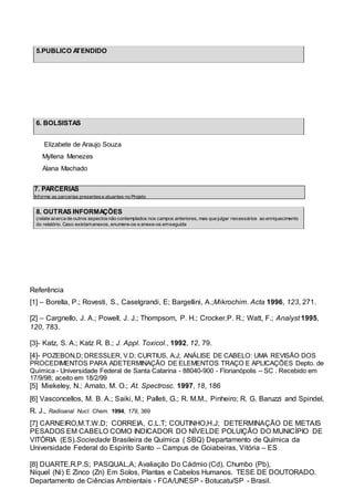 5.PUBLICO ATENDIDO
6. BOLSISTAS
Elizabete de Araujo Souza
Myllena Menezes
Alana Machado
7. PARCERIAS
Informe as parcerias presentese atuantes no Projeto
8. OUTRAS INFORMAÇÕES
(relate acerca de outros aspectosnão contemplados nos campos anteriores, mas que julgar necessários ao enriquecimento
do relatório. Caso existamanexos, enumere-os e anexe-os emseguida
Referência
[1] – Borella, P.; Rovesti, S., Caselgrandi, E; Bargellini, A.;Mikrochim. Acta 1996, 123, 271.
[2] – Cargnello, J. A.; Powell, J. J.; Thompsom, P. H.; Crocker,P. R.; Watt, F.; Analyst 1995,
120, 783.
[3]- Katz, S. A.; Katz R. B.; J. Appl. Toxicol., 1992, 12, 79.
[4]- POZEBON,D; DRESSLER, V.D; CURTIUS, A.J; ANÁLISE DE CABELO: UMA REVISÃO DOS
PROCEDIMENTOS PARA ADETERMINAÇÃO DE ELEMENTOS TRAÇO E APLICAÇÕES Depto. de
Química - Universidade Federal de Santa Catarina - 88040-900 - Florianópolis – SC . Recebido em
17/9/98; aceito em 18/2/99
[5] Miekeley, N.; Amato, M. O.; At. Spectrosc. 1997, 18, 186
[6] Vasconcellos, M. B. A.; Saiki, M.; Palleti, G.; R. M.M., Pinheiro; R. G. Baruzzi and Spindel,
R. J., Radioanal Nucl. Chem. 1994, 179, 369
[7] CARNEIRO,M.T.W.D; CORREIA, C.L.T; COUTINHO,H.J; DETERMINAÇÃO DE METAIS
PESADOS EM CABELO COMO INDICADOR DO NÍVELDE POLUIÇÃO DO MUNICÍPIO DE
VITÓRIA (ES).Sociedade Brasileira de Química ( SBQ) Departamento de Química da
Universidade Federal do Espírito Santo – Campus de Goiabeiras, Vitória – ES
[8] DUARTE,R.P.S; PASQUAL,A; Avaliação Do Cádmio (Cd), Chumbo (Pb),
Níquel (Ni) E Zinco (Zn) Em Solos, Plantas e Cabelos Humanos. TESE DE DOUTORADO.
Departamento de Ciências Ambientais - FCA/UNESP - Botucatu/SP - Brasil.
 