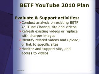 <ul><ul><li>Evaluate & Support activities: </li></ul></ul><ul><ul><ul><li>Conduct analysis on existing BETF  </li></ul></u...