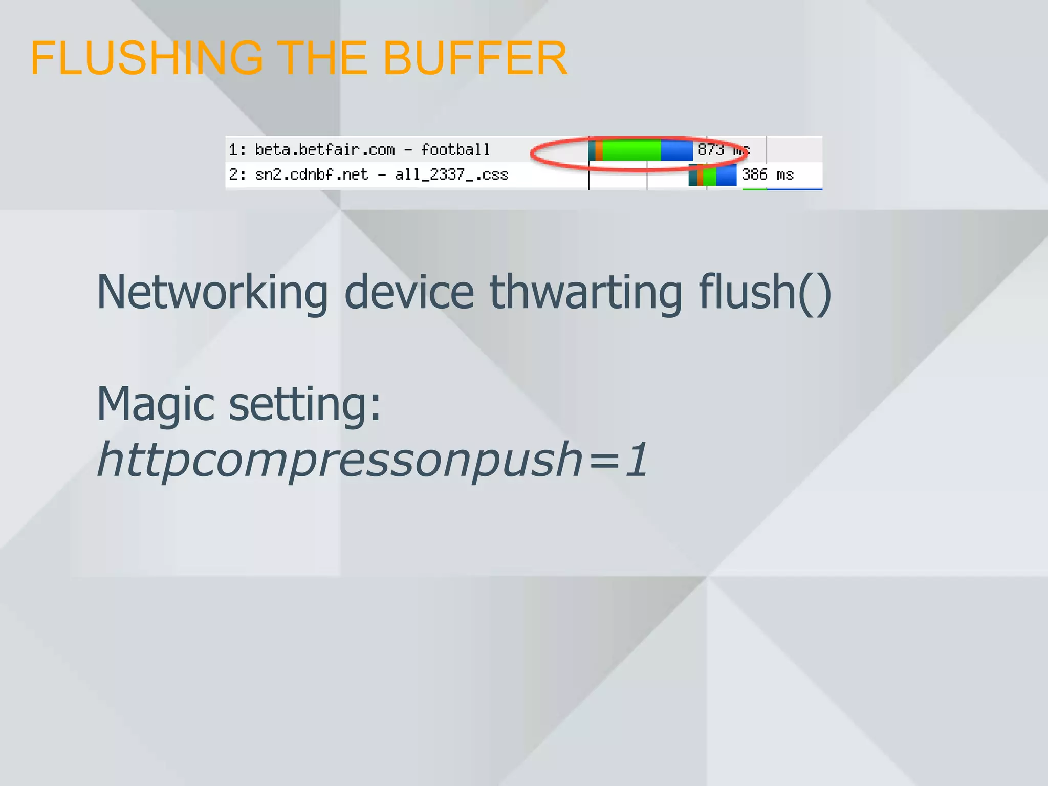 FLUSHING THE BUFFER




  Networking device thwarting flush()

  Magic setting:
  httpcompressonpush=1
 