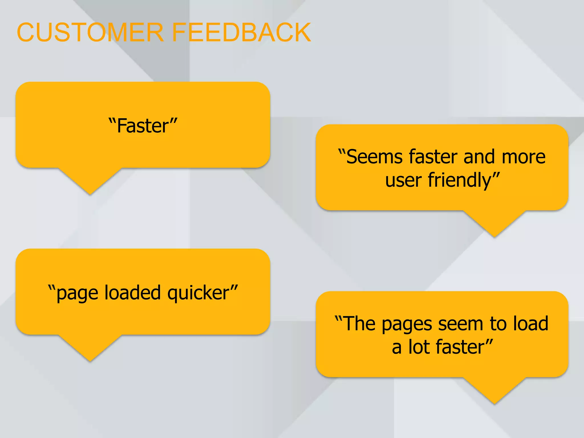 CUSTOMER FEEDBACK


       “Faster”
                         “Seems faster and more
                             user friendly”




 “page loaded quicker”
                         “The pages seem to load
                               a lot faster”
 