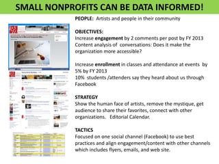 SMALL NONPROFITS CAN BE DATA INFORMED!
PEOPLE: Artists and people in their community
OBJECTIVES:
Increase engagement by 2 comments per post by FY 2013
Content analysis of conversations: Does it make the
organization more accessible?
Increase enrollment in classes and attendance at events by
5% by FY 2013
10% students /attenders say they heard about us through
Facebook
STRATEGY
Show the human face of artists, remove the mystique, get
audience to share their favorites, connect with other
organizations. Editorial Calendar.
TACTICS
Focused on one social channel (Facebook) to use best
practices and align engagement/content with other channels
which includes flyers, emails, and web site.

 