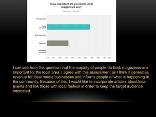 I can see from this question that the majority of people do think magazines are 
important for the local area. I agree with this assessment as I think it generates 
revenue for local media businesses and informs people of what is happening in 
the community. Because of this, I would like to incorporate articles about local 
events and link those with local fashion in order to keep the target audience 
interested. 
 