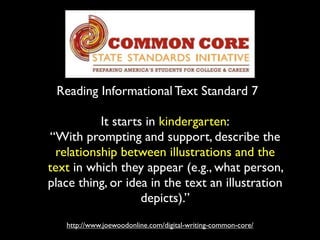 Reading Informational Text Standard 7
http://www.joewoodonline.com/digital-writing-common-core/
It starts in kindergarten:
“With prompting and support, describe the
relationship between illustrations and the
text in which they appear (e.g., what person,
place thing, or idea in the text an illustration
depicts).”
 