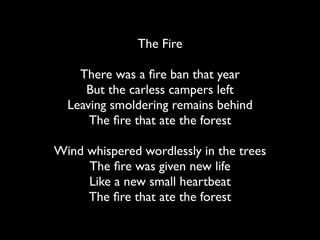 The Fire
There was a ﬁre ban that year
But the carless campers left
Leaving smoldering remains behind
The ﬁre that ate the forest
Wind whispered wordlessly in the trees
The ﬁre was given new life
Like a new small heartbeat
The ﬁre that ate the forest
 