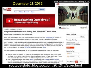 www.youtube.com/watch?v=9bZkp7q19f0
youtube-global.blogspot.com/2012/12/ytvev.html
December 21, 2012
 