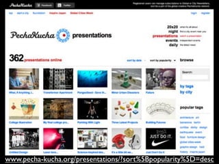 www.pecha-kucha.org/presentations/?sort%5Bpopularity%5D=desc
 