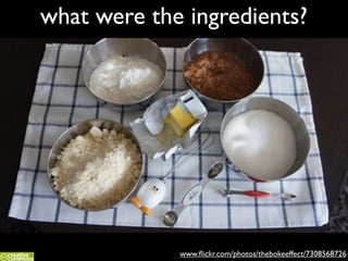 what were the ingredients?
www.ﬂickr.com/photos/thebokeeffect/7308568726
 