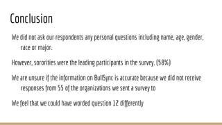 Conclusion
We did not ask our respondents any personal questions including name, age, gender,
race or major.
However, sororities were the leading participants in the survey. (58%)
We are unsure if the information on BullSync is accurate because we did not receive
responses from 55 of the organizations we sent a survey to
We feel that we could have worded question 12 differently
 