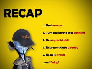 RECAPUse humourTurn the boring into excitingBe unpredictableRepresent data visuallyKeep it simple..and Enjoy!