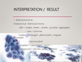 INTERPRETATION / RESULT
• Adenocarcinoma :
Endocervical Adenocarcinoma :
cells – singles, sheets , clusters ,syncytial aggregates
- oval / columnar
nucleus - enlarged , pleomorphic, irregular
chromatin
macronucleoli
cytoplasm – vacuolated , mucin
background – necrotic tumor diathesis
 