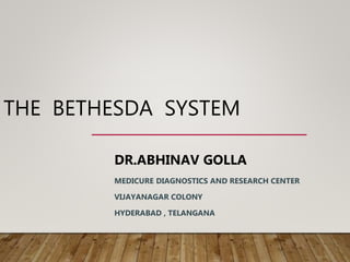 THE BETHESDA SYSTEM
DR.ABHINAV GOLLA
MEDICURE DIAGNOSTICS AND RESEARCH CENTER
VIJAYANAGAR COLONY
HYDERABAD , TELANGANA
 