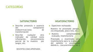 SATISFACTORIO
 Describe presencia o ausencia
del componente
endocervical/zona de
transformación
 Describe cualquier otro
indicador de calidad como
inflamación, oscurecimiento
parcial de la muestra por
sangre, etc.
DESCRITOS COMO APROPIADOS
 Espécimen rechazado:
Muestra no procesada porque…
(no etiquetada, placa rota, etc.)
 Muestra completamente
evaluada, insatisfactoria
Procesada y examinada pero
insatisfactoria para la evaluación
del epitelio o anormalidad
debido a… (oscurecimiento, etc.)
INSATISFACTORIO
CATEGORÍAS
 