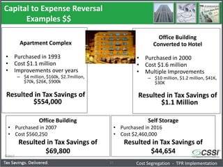 Capital to Expense Reversal
Examples $$
©2017
15 Cost Segregation - TPR Implementation
Apartment Complex
• Purchased in 1993
• Cost $1.1 million
• Improvements over years
– $4 million, $160k, $2.7million,
$70k, $26K, $900k
Resulted in Tax Savings of
$554,000
Office Building
Converted to Hotel
• Purchased in 2000
• Cost $1.6 million
• Multiple Improvements
– $10 million, $1.2 million, $41K,
$30K
Resulted in Tax Savings of
$1.1 Million
Office Building
• Purchased in 2007
• Cost $560,250
Resulted in Tax Savings of
$69,800
Self Storage
• Purchased in 2016
• Cost $2,460,000
Resulted in Tax Savings of
$44,654
 