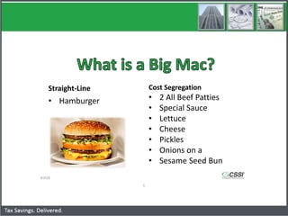 ©2018
Cost Segregation - TPR Implementation
Explaining Cost Segregation
Straight-Line
• Hamburger
Cost Segregation
• 2 All Beef Patties
• Special Sauce
• Lettuce
• Cheese
• Pickles
• Onions on a
• Sesame Seed Bun
6
 