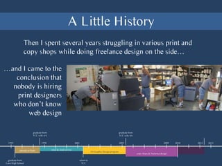 Then I spent several years struggling in various print and
copy shops while doing freelance design on the side…
A Little History
…and I came to the
conclusion that
nobody is hiring
print designers
who don’t know
web design
graduate from
TCC with AA
graduate from
TCC with AS
graduate from
Leon High School
return to
TCC
1995 1998 2001 2005 2009 2010 2012 2013
attempt at Math retail & food service
AS Graphic Design program
copy shops & freelance design
 