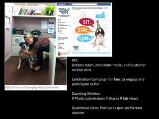 KPI:
Actions taken, donations made, and customer
service wins

Celebration Campaign for fans to engage and
participate in fun

Counting Metrics:
# Photo submissions # shares # tab views

Qualitative Data: Positive responses/Screen
capture
 