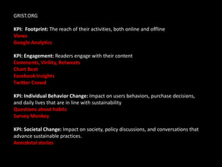 GRIST.ORG

KPI: Footprint: The reach of their activities, both online and offline
Views
Google Analytics

KPI: Engagement: Readers engage with their content
Comments, Virility, Retweets
Chart Beat
Facebook Insights
Twitter Crowd

KPI: Individual Behavior Change: Impact on users behaviors, purchase decisions,
and daily lives that are in line with sustainability
Questions about habits
Survey Monkey

KPI: Societal Change: Impact on society, policy discussions, and conversations that
advance sustainable practices.
Anecdotal stories
 