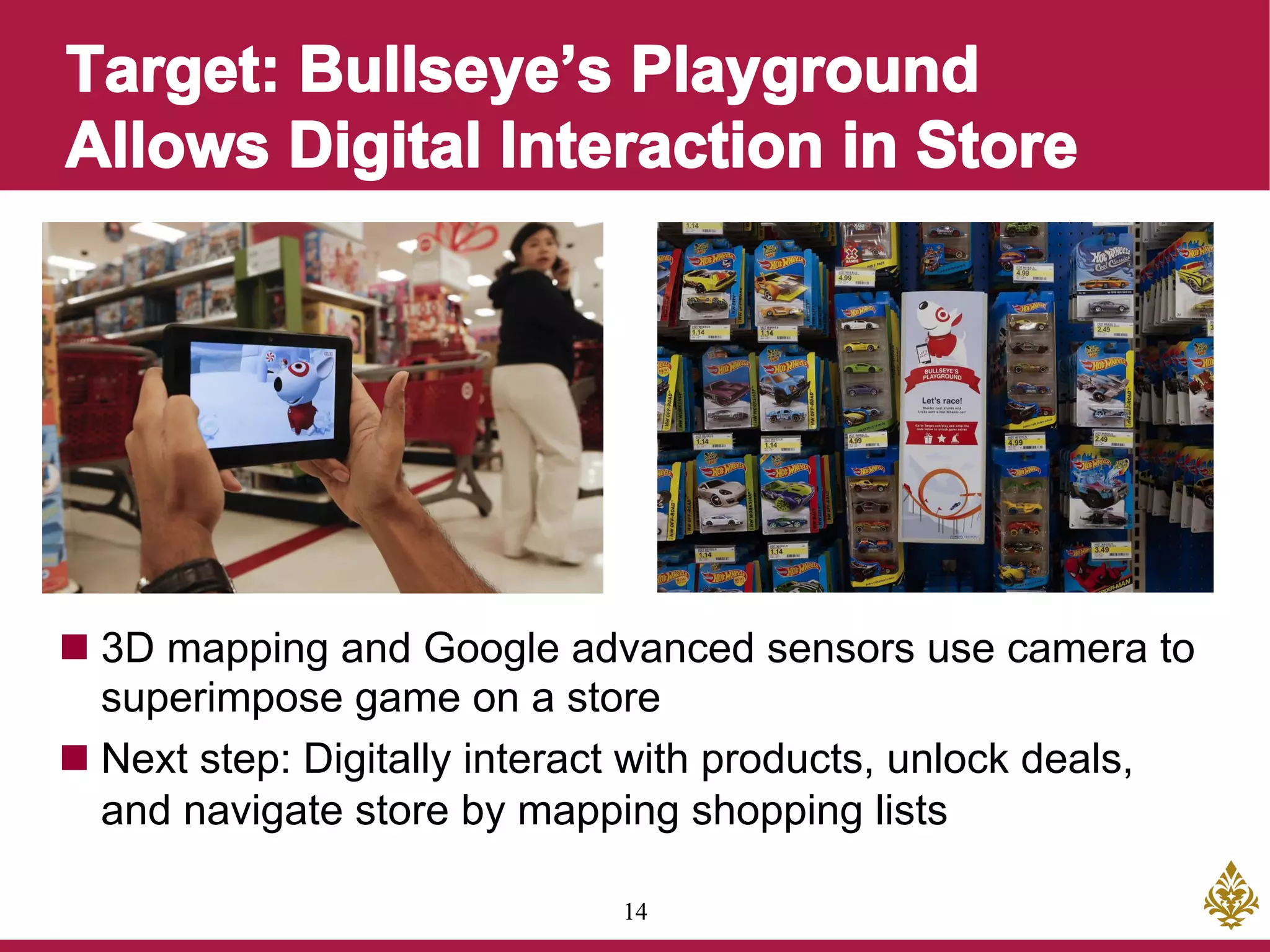 14
n 3D mapping and Google advanced sensors use camera to
superimpose game on a store
n Next step: Digitally interact with products, unlock deals,
and navigate store by mapping shopping lists
 