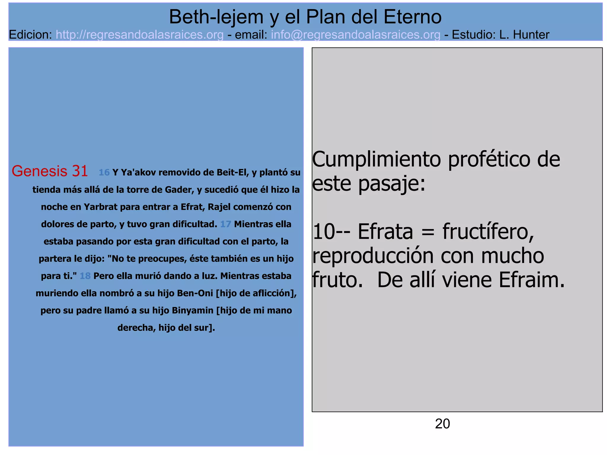 20
Genesis 31 16 Y Ya'akov removido de Beit-El, y plantó su
tienda más allá de la torre de Gader, y sucedió que él hizo la
noche en Yarbrat para entrar a Efrat, Rajel comenzó con
dolores de parto, y tuvo gran dificultad. 17 Mientras ella
estaba pasando por esta gran dificultad con el parto, la
partera le dijo: "No te preocupes, éste también es un hijo
para ti." 18 Pero ella murió dando a luz. Mientras estaba
muriendo ella nombró a su hijo Ben-Oni [hijo de aflicción],
pero su padre llamó a su hijo Binyamin [hijo de mi mano
derecha, hijo del sur].
Cumplimiento profético de
este pasaje:
10-- Efrata = fructífero,
reproducción con mucho
fruto. De allí viene Efraim.
Beth-lejem y el Plan del Eterno
Edicion: http://regresandoalasraices.org - email: info@regresandoalasraices.org - Estudio: L. Hunter
 