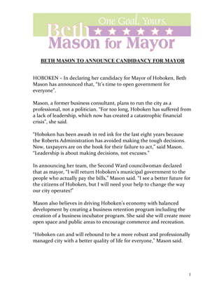 BETH MASON TO ANNOUNCE CANDIDANCY FOR MAYOR




                                              1
 